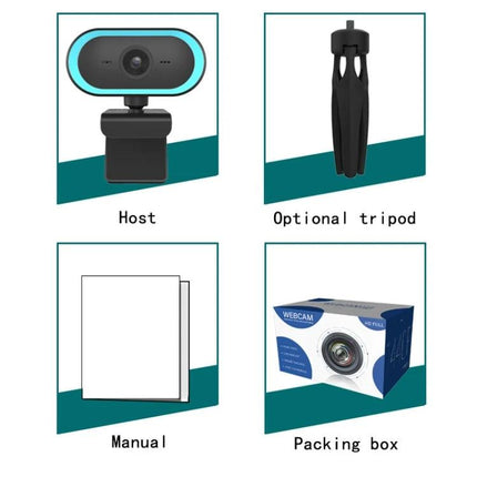 Versatile Webcam with Adjustable Angle for Video Calls showing webcam, optional tripod, manual, and packing box