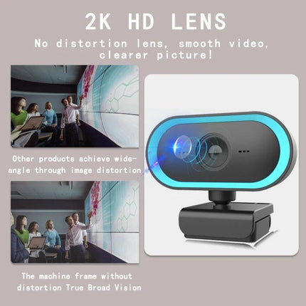 Versatile Webcam with Adjustable Angle for Video Calls showing 2K HD wide-angle lens and adjustable mount for clear video conferencing