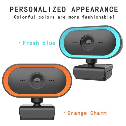 Versatile Webcam with Adjustable Angle for Video Calls showing fresh blue and orange charm color options, 2K HD wide-angle lens and adjustable mount