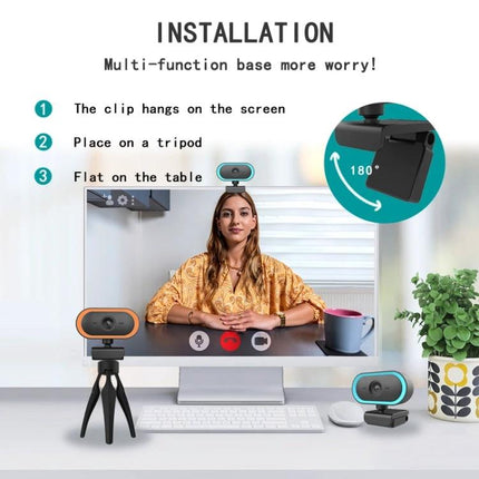 Versatile Webcam with Adjustable Angle for Video Calls showing 2K HD, wide-angle lens, clip, tripod and flat mount options