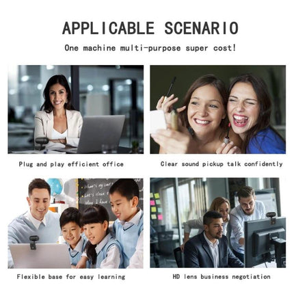 Versatile Webcam with Adjustable Angle for Video Calls showing remote worker, students, content creators using 2K HD wide-angle lens and adjustable mount