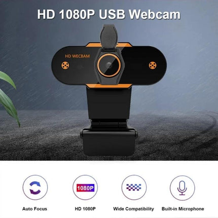 High-Definition 1080P USB Webcam with Built-in Mic for Online Meetings showing black clip-on webcam with HD 1080P, autofocus and built-in microphone