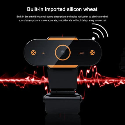 High-Definition 1080P USB Webcam with Built-in Mic for Online Meetings front view showing 1080P lens and built-in mic, plug-and-play setup