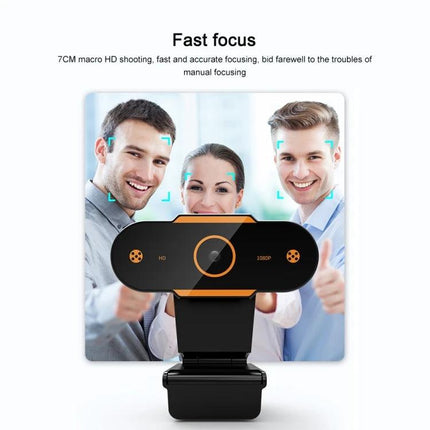 High-Definition 1080P USB Webcam with Built-in Mic for Online Meetings showing webcam front and smiling people demonstrating fast focus and plug-and-play use