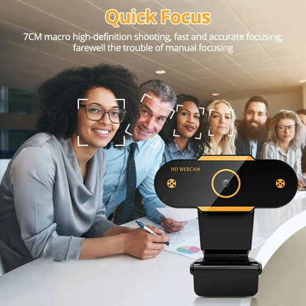 High-Definition 1080P USB Webcam with Built-in Mic for Online Meetings showing clear video of a meeting group with quick focus feature