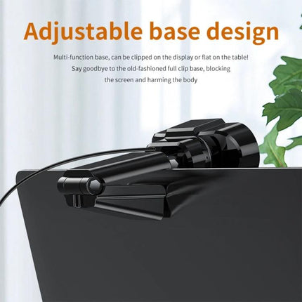 High-Definition 1080P USB Webcam with Built-in Mic for Online Meetings shown clipped to laptop screen with adjustable base design
