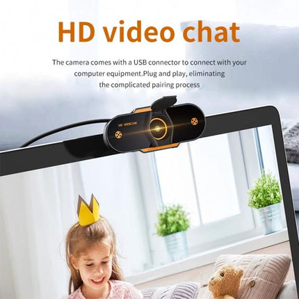 High-Definition 1080P USB Webcam with Built-in Mic for Online Meetings showing webcam mounted on laptop for HD video chat, plug-and-play setup