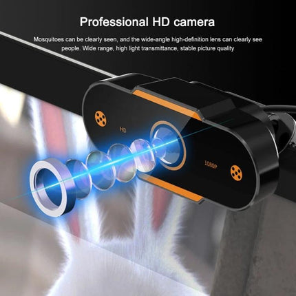 High-Definition 1080P USB Webcam with Built-in Mic for Online Meetings showing lens elements, 1080P HD camera and plug-and-play USB design