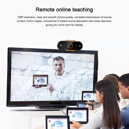 High-Definition 1080P USB Webcam with Built-in Mic for Online Meetings shown mounted on monitor for remote online teaching and classroom video calls