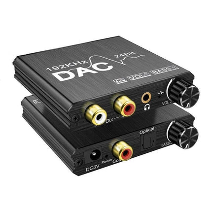Digital to Analog Audio Converter for Stereo Home Systems compact DAC with RCA outputs, optical/coaxial inputs and volume/bass controls