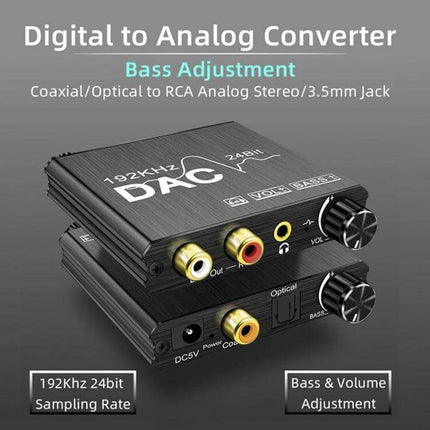 Digital to Analog Audio Converter for Stereo Home Systems - compact DAC with RCA outputs, optical/coaxial inputs, 3.5mm jack, bass and volume knobs