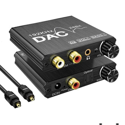 Digital to Analog Audio Converter for Stereo Home Systems - compact DAC with RCA outputs, optical/coax inputs, 3.5mm jack and volume knob
