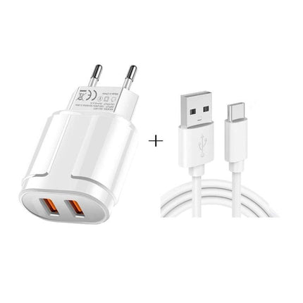 Travel Charger and USB Cable for Everyday Device Powering - white dual USB wall charger with Type-C cable, ideal for phone and tablet charging on the go