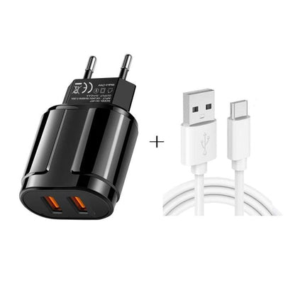 Travel Charger and USB Cable for Everyday Device Powering - dual USB wall charger with Type-C cable for charging phone and tablet on the go