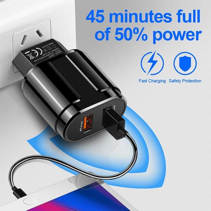 Travel Charger and USB Cable for Everyday Device Powering black dual USB wall charger with Type-C cable fast charging