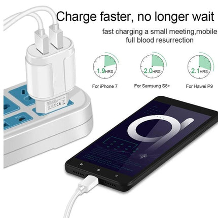 Travel Charger and USB Cable for Everyday Device Powering showing dual USB wall charger and Type-C cable charging phone and tablet