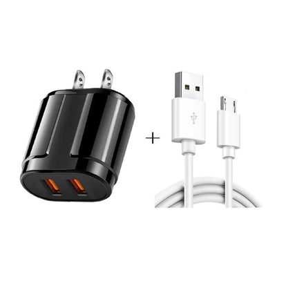 Essential Travel Charger for Everyday Device Power Needs - compact dual USB wall charger with micro USB cable, black adapter and white cable