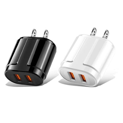 Essential Travel Charger for Everyday Device Power Needs compact dual-USB wall adapter in black and white for on-the-go charging