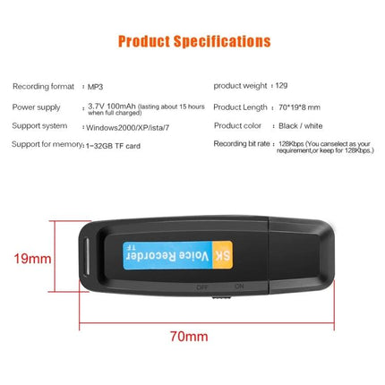 Sleek Voice Recorder Pen for Daily Notes and Meetings - compact black 70x19mm USB voice recorder with 15hr battery and 1-32GB TF card support