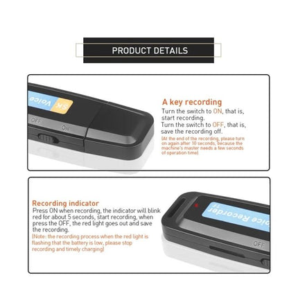 Sleek Voice Recorder Pen for Daily Notes and Meetings showing ON/OFF switch and recording indicator close-up