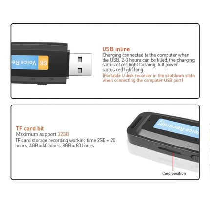 Sleek Voice Recorder Pen for Daily Notes and Meetings showing USB inline charging and TF card slot details
