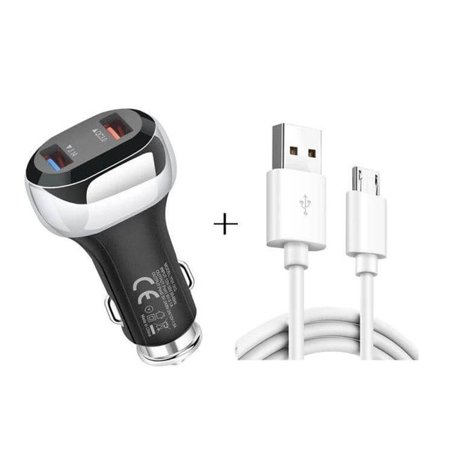 2 In 1 Car Charger With Micro USB Cable For Smartphones - 18W QC3.0 dual USB car charger with 1m Micro USB cable