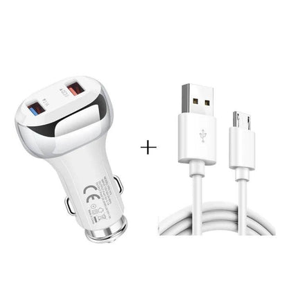 2 In 1 Car Charger With Micro USB Cable For Smartphones – white dual USB QC3.0 car charger with 1m Micro USB cable