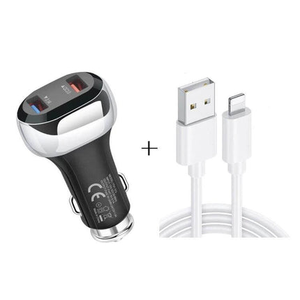 2 in 1 18W QC3.0 Car Charger With 8Pin Cable For Everyday Road Trips - compact dual USB car charger and white 8Pin cable for fast in-vehicle charging