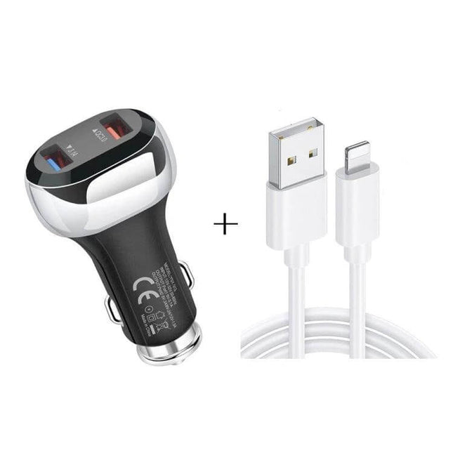 2 in 1 18W QC3.0 Car Charger With 8Pin Cable For Everyday Road Trips - compact dual USB car charger and white 8Pin cable for fast in-vehicle charging