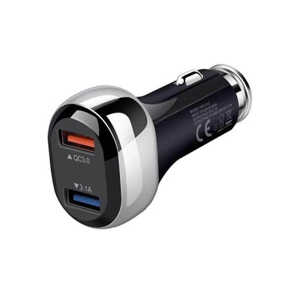 2 in 1 18W QC3.0 Car Charger With 8Pin Cable For Everyday Road Trips compact dual USB car charger showing QC3.0 orange port and 3.1A blue port