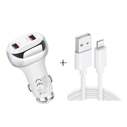 2 in 1 18W QC3.0 Car Charger With 8Pin Cable For Everyday Road Trips - white dual USB car charger and 8Pin cable, fast charge QC3.0, compact design