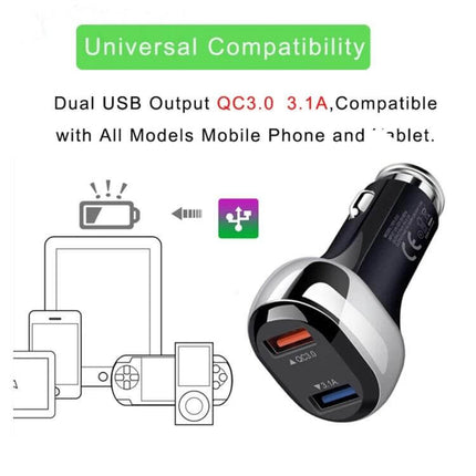 2 in 1 18W QC3.0 Car Charger With 8Pin Cable For Everyday Road Trips - dual USB car charger showing QC3.0 fast charge port and USB2.0 port with device icons