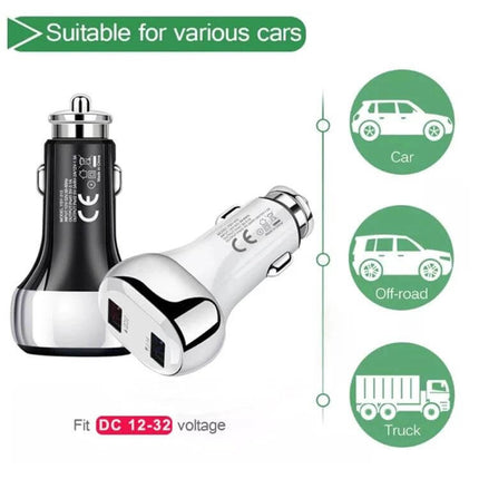 2 in 1 18W QC3.0 Car Charger With 8Pin Cable For Everyday Road Trips compact dual-port car charger showing black and white units compatible with cars, off-road and trucks