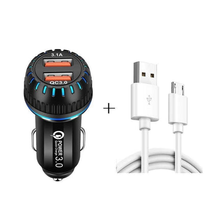 Dual USB Car Charger With Micro USB Cable For Phones And Tablets - black QC3.0 car charger with two orange USB ports and included white micro USB cable