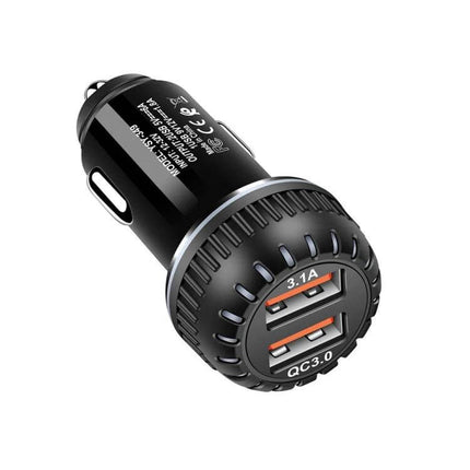 Dual USB Car Charger With Micro USB Cable For Phones And Tablets – black QC3.0 18W car charger with two USB ports (3.1A) for phones and tablets