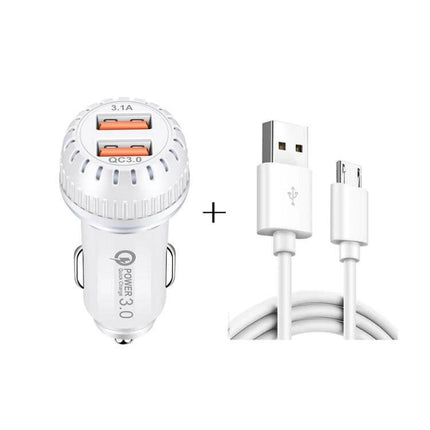 Dual USB Car Charger With Micro USB Cable For Phones And Tablets – white QC3.0 car charger with two USB ports and included micro USB cable