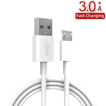 Dual USB Car Charger With Micro USB Cable For Phones And Tablets white micro USB and USB-A cable showing fast charging 3.0 graphic