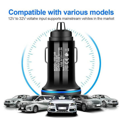 Dual USB Car Charger With Micro USB Cable For Phones And Tablets - black dual-port QC3.0 car charger shown with multiple compatible cars