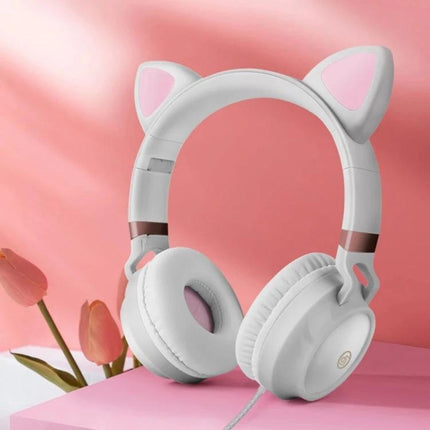 Cat Ear Wired Headphones With Microphone For Commuting And Calls white cat ear headset with 50mm drivers and braided 150cm cable