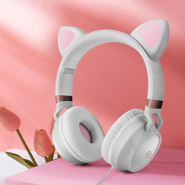 Cat Ear Wired Headphones With Microphone For Commuting And Calls white cat ear headset with 50mm drivers and braided 150cm cable