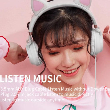 Cat Ear Wired Headphones With Microphone For Commuting And Calls smiling woman wearing white cat ear wired headphones with microphone