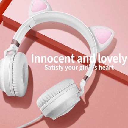Cat Ear Wired Headphones With Microphone For Commuting And Calls white cat ear headset with braided cable on pink background