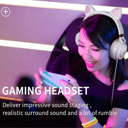 Cat Ear Wired Headphones With Microphone For Commuting And Calls woman gaming on phone with white cat ear wired headset