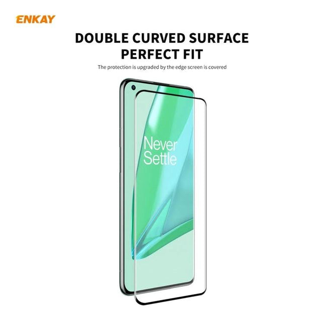 ENKAY Hat-Prince Tempered Glass Screen Protector for OnePlus 9 Pro showing double-curved perfect-fit clear protector on OnePlus 9 Pro display