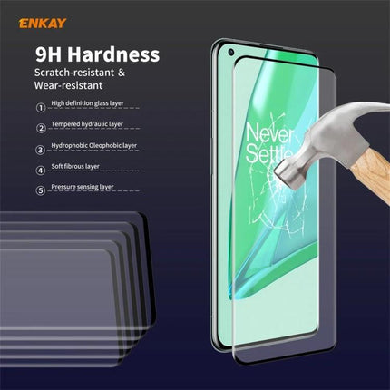 ENKAY Hat-Prince Tempered Glass Screen Protector for OnePlus 9 Pro showing hammer impact resistance and 9H hardness