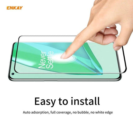 ENKAY Hat-Prince Tempered Glass Screen Protector for OnePlus 9 Pro showing easy installation and full-coverage, high-clarity touch protection