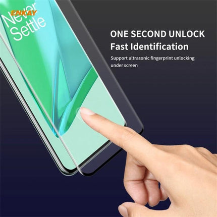 ENKAY Hat-Prince Tempered Glass Screen Protector for OnePlus 9 Pro showing fingerprint unlock compatibility and clear touch responsiveness