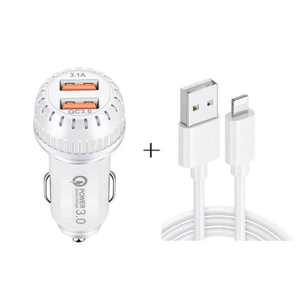 Car Charger With QC3.0 Dual USB Ports And 1m 8 Pin Cable - white dual-port QC3.0 car charger with 1m 8-pin Lightning cable