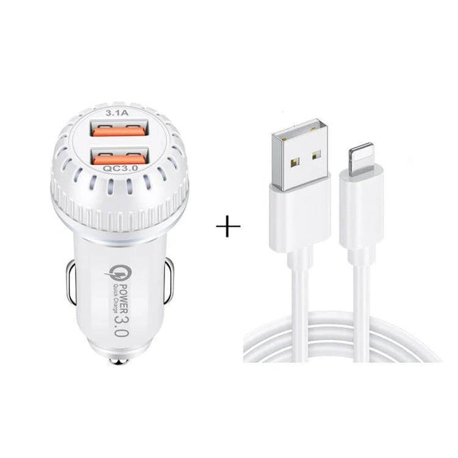 Car Charger With QC3.0 Dual USB Ports And 1m 8 Pin Cable - white dual-port QC3.0 car charger with 1m 8-pin Lightning cable