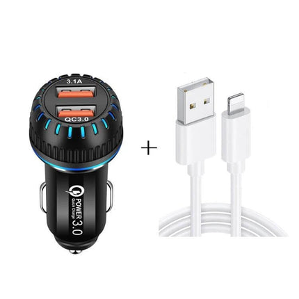 Car Charger With QC3.0 Dual USB Ports And 1m 8 Pin Cable - dual-port QC3.0 car adapter with 1m 8-pin cable for fast charging smartphones and tablets
